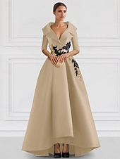 preiswerte SCHWARZ-Schwarzes A-Linie Abendkleid Vintage Gesticktes Elegantes Kleid Smokingkleid Formal Bodenlang Langarm V-Ausschnitt Tasche Satin mit Perlenapplikationen