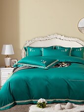baratos Coleção de elite-Conjunto de cama com capa de edredom de 4 peças, 100% algodão orgânico, tecido macio e respirável, inclui capa de edredom e fronhas para um sono confortável