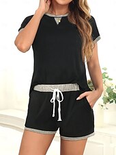 preiswerte Trainingsanzug für Damen-Damen Shorts-Sets Jogginghose Trainingshose Langarm Feste Farbe Schwarz Sommer Lockere Passform