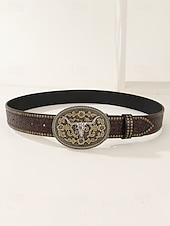 ieftine Accesorii pentru bărbați-centură occidentală din piele artificială pentru bărbați cu design floral gravat și cataramă cu craniu de taur – centură de cowboy în stil vintage pentru rodeo și îmbrăcăminte casual