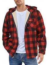 preiswerte Herrenjacken &amp; Herrenmäntel-Herren Hemdjacke Kapuzenjacke Shacket Flanell-Fleecejacke Täglich Urlaub warm Mit Kapuze Herbst Winter Schottenstoff Kariert Modisch Strassenmode Kargen Standard Schwarz Dunkelrot Hellgrün Rote Blau