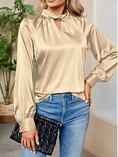 economico Top eleganti-Per donna Camicia Elegant Elegante Raso/Satin Tinta unica Signore Elegante Manica Lunga Scollo a V Top Regolari Feste Lavoro Nodo attorcigliato Nero Bianco Verde Cachi Autunno Inverno