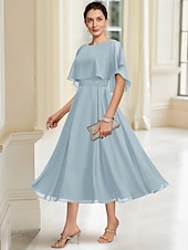 voordelige Vloerlengte-Strand Bruiloft A-Lijn Moeder van de Bruid Jurk Elegante Sierlijke Hals Thee Lengte Chiffon Halve Mouw met Kant maat op maat