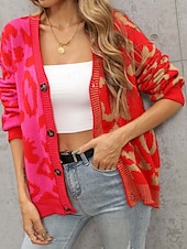 cheap Sweaters &amp; Cardigans-Women&#039;s Cardigan Fashion Daily Casual Leopard Color Block Print Open Front Knitted Long Sleeve Regular Tops Knit Formal Home Red Brown Fall Winter