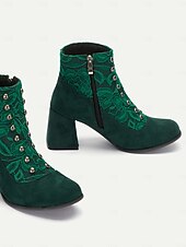 abordables años 1930-Botines de ante sintético verde para mujer con botón a presión, capa de encaje y cremallera lateral: diseño de inspiración vintage con tacón de bloque, perfectos para conjuntos elegantes y ocasiones especiales