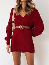 abordables mini robe noire-robe pull femme quotidien élégant couleur unie col en V col en V manches évêque manches longues hauts réguliers tricot formel extérieur noir rouge automne hiver