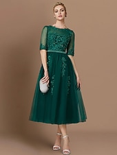 cheap Cocktail Dresses-A-Line Sparkle Dress Formal Evening Kentucky Derby Tea Length Sleeveless Illusion Neck Fall Wedding Guest Lace Over Tulle with Sequin Appliques Derby Dresses 2025