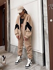 baratos Agasalho Feminino-Feminino Quente Moletom Sherpa Calças de lã Manga Longa Gola Alta Bloco de cor Zíper Ao ar livre Branco Castanho Claro Primavera Superdimensionado