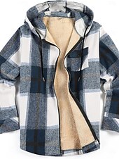 preiswerte Herrenjacken &amp; Herrenmäntel-Herren Hemdjacke Kapuzenjacke Shacket Flanell-Fleecejacke Täglich Urlaub warm Mit Kapuze Herbst Winter Schottenstoff Kariert Modisch Strassenmode Kargen Standard Schwarz Dunkelrot Hellgrün Rote Blau