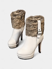 olcso Női karácsonyi cipők-női piros magassarkú szőrme díszítésű karácsonyi csizma platform és csat részlettel – ünnepi téli ünnepi cipő