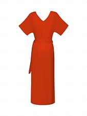 Robe midi portefeuille froncée en lin tencel pour femme orange rouge col en V abordables Robes décontractées-Robe midi portefeuille froncée en lin tencel pour femme orange rouge col en V