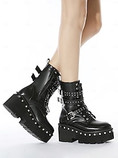 tanie Buty bojowe-damskie czarne buty bojowe na platformie z paskami z ćwiekami i klamrami, punkowe buty motocyklowe w stylu gotyckim do cosplayu i streetwearu