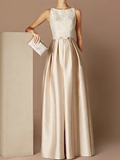 preiswerte Sekt-Strandhochzeit A-Linie Abendkleid Elegantes Kleid Formelle Abend Bodenlanger Ärmellos Schmuck-Ausschnitt Herbst Hochzeitsgast Satin mit Gurt/Ribbon Falten Applikationen 2025