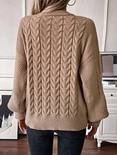 billige Solide farger-Dame Genser Mote Daglig Fritid Helfarge Kabel Crew-hals Strikket Lanterne Erme Langermet Lange topper Strikke Arbeid Hvit Lysebrun Høst Vinter