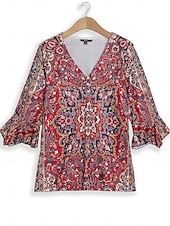 ieftine tricou boho-Pentru femei Tricou Cămașă Henley Floral Epocă Έθνικ Zilnic De Bază Lungime Manșon 3/4 În V Topuri obișnuite Concediu Sfârșit de săptămână Nasturi Imprimeu Roșu-aprins Mov Trifoi Kaki Gri Toamna iarna
