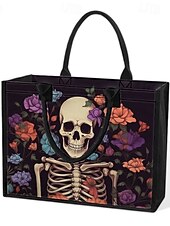 abordables Cabas et fourre-tout-sac fourre-tout imprimé tête de mort et rose – grand sac à main gothique pour femme, design floral vintage, parfait pour Halloween ou pour un usage quotidien