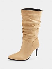 olcso Slouch Boots-női barna, velúr sima, térdig érő csizma tűsarkúval és hegyes orrral, stílusos őszi és téli lábbeli hétköznapi és estélyi viselethez