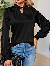 economico Top eleganti-Per donna Camicia Elegant Elegante Raso/Satin Tinta unica Signore Elegante Manica Lunga Scollo a V Top Regolari Feste Lavoro Nodo attorcigliato Nero Bianco Verde Cachi Autunno Inverno