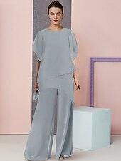 abordables Combinaisons pour maman-Ensemble de deux pièces combinaison  pantalon pour mère de la mariée invitée de mariage élégant grande taille col rond longueur totale chiffon manches courtes avec couleur unie 2025 taille