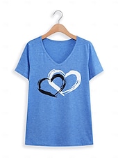 お買い得  プレーンTシャツ-バレンタイン女性用ハートTシャツ 基本的なレギュラートップス 短袖 Vネック プリント レギュラーフィット バレンタインウィークエンド 赤色 青色 紫色 緑色 灰色