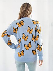 preiswerte Grafische Muster und Details-Damen Pullover Modisch Kuschelig Strassenmode Graphic Bedruckt Rundhalsausschnitt Strick Langarm Normale Oberteile Stricken Arbeit Wochenende Blau Orange Herbst Winter
