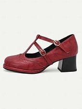 ieftine anii 1950-tocuri vintage roșii Mary Jane de damă – curea cu cataramă dublă, toc bloc retro, perfecte pentru ocazii formale și casual