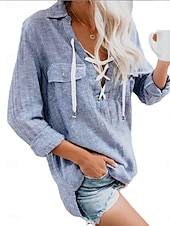 cheap Plain Tops-Women&#039;s Shirt Blouse Solid Color Casual Long Sleeve Shirt Collar Regular Tops Daily Lace up Pocket Blue Fall