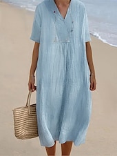 preiswerte Kleider aus Baumwolle und Leinen entwerfen-Damen Midikleid V-Ausschnitt Knitterstruktur Hellblau Kurzarm Lässige Strandmode Lockere Passform Atmungsaktive Sommerbekleidung