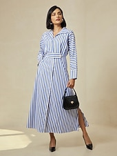 cheap Casual Dress-Cotton Stripe Button Up Maxi Shirt Dress
