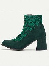 abordables años 1930-Botines de ante sintético verde para mujer con botón a presión, capa de encaje y cremallera lateral: diseño de inspiración vintage con tacón de bloque, perfectos para conjuntos elegantes y ocasiones especiales