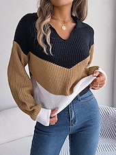 economico Motivi grafici e dettagli-Per donna Felpa Giornaliero Informale A strisce Collo a polo Lavorato a maglia Manica lunga Top regolari Maglia Ufficio Blu Cachi Autunno Inverno