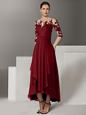preiswerte Bodenlänge-A-Linie Cocktailkleider elegantes Kleid Hochzeitsgast asymmetrisch 3/4 Ärmel Juwel-Ausschnitt Stretch-Satin mit Applikationen 2025 maßgeschneiderte Größe kostenlos