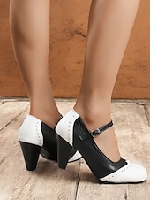 levne 50. léta 20. století-dámské vintage dvoubarevné podpatky mary jane s brogue detaily – retro boty s blokovým podpatkem na večírky a formální příležitosti