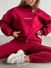 economico Tuta da donna-Per donna Caldo Felpa Sherpa Pantaloni in pile Pantaloni maglione Set Manica lunga Girocollo Tinta unica Alfabetico Esterno Nero Rosso Marrone chiaro Primavera Oversize