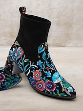 abordables Botines-Botines de mujer con bordados florales y tacón ancho acolchado, estilo vintage, calzado de fiesta y casual de moda
