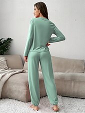 abordables Pijamas para mujeres-Conjunto de pijama de mujer de 2 piezas, color puro, informal, cómodo, para el hogar, spandex, cómodo, transpirable, cuello redondo, manga larga, camiseta, pantalón, primavera, otoño, conjuntos para