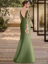 baratos VERDE-vestido de noite sereia verde elegante vestido formal comprimento até o chão manga 3/4 decote ilusão cetim com apliques 2025