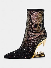 abordables Bottines-bottines noires à tête de mort pour femmes avec ornements en strass et talons découpés dorés – talons audacieux pour la mode gothique et les fêtes