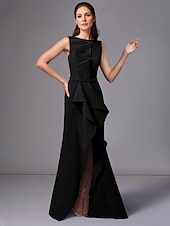 olcso piros-Piros Kék A-vonalú Estélyi Ruha Elegáns Ruha Tengerparti Esküvő Hivatalos Padló Hosszúságú Ujjatlan Ékköves Nyakú Stretch Crepe Ruffles-szal