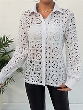 economico Top eleganti-camicetta da donna basic casual pizzo manica lunga regular top scollo a V quotidiano uscita bianco primavera&amp;amp;  autunno