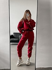 economico Tuta da donna-Per donna Caldo Felpa Sherpa Pantaloni in pile Pantaloni maglione Set Manica lunga Girocollo Tinta unica Alfabetico Esterno Nero Rosso Marrone chiaro Primavera Oversize