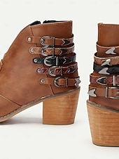 levne Cowboy &amp; Western Boots-dámské hnědé kotníkové boty s vícepřezkovým detailem, blokovým podpatkem a westernovým stylem - ideální pro běžné výlety a každodenní nošení