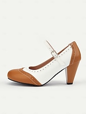 levne 50. léta 20. století-dámské vintage dvoubarevné podpatky mary jane s brogue detaily – retro boty s blokovým podpatkem na večírky a formální příležitosti