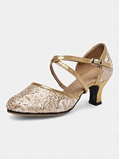 preiswerte Lateinamerikanische Schuhe-goldene Tanzschuhe aus Spitze für Damen mit gekreuzten Riemen – Pumps mit niedrigem Absatz für Standard- und lateinamerikanische Tänze