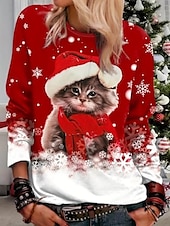 preiswerte Weihnachts-T-Shirts-Damen Sweatshirt süßes Kätzchen Weihnachtsmannmütze Langarm Winter lässig festlich rot Grafik Rundhals Oberteil gemütlich bequem