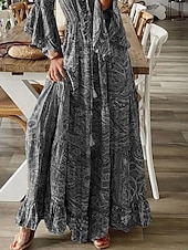 billiga Bohemklänningar-Dam Maxiklänning Vintage klänning Vardagsklänning Boho-klänning Ledigt Dagligen Lös passning Grafisk Långärmad V-hals Rubinrött Blå Grön Grå Vår Höst
