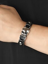 cheap Men&#039;s Jewelry-Men&#039;s Black Leather Bracelet with Silver Skull Charm – Gothic Punk Adjustable Wristband for Halloween and Biker Style