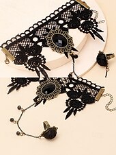 billige Halloween-tilbehør-vintage gotisk blonderarmbånd med ring, håndkjedesmykker i svart edelsten, perfekt for halloween, cosplay og kostymer med viktoriansk tema