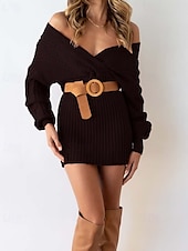 abordables mini robe noire-robe pull femme quotidien élégant couleur unie col en V col en V manches évêque manches longues hauts réguliers tricot formel extérieur noir rouge automne hiver