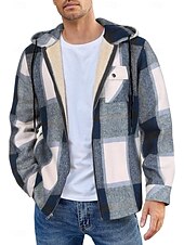 preiswerte Herrenjacken &amp; Herrenmäntel-Herren Hemdjacke Kapuzenjacke Shacket Flanell-Fleecejacke Täglich Urlaub warm Mit Kapuze Herbst Winter Schottenstoff Kariert Modisch Strassenmode Kargen Standard Schwarz Dunkelrot Hellgrün Rote Blau